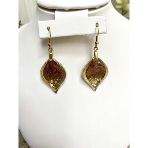 Handmade Resin Gold Glitter Druzy Dangle Earrings – Teardrop Leaf Shape